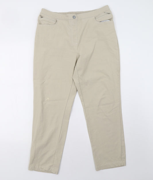 Front view of Preworn women’s beige trousers, size UK 18, 27-inch leg