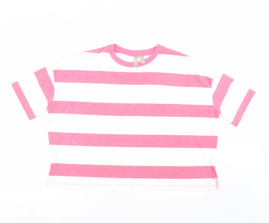 Front view of ASOS women’s pink striped basic t-shirt, size UK 8