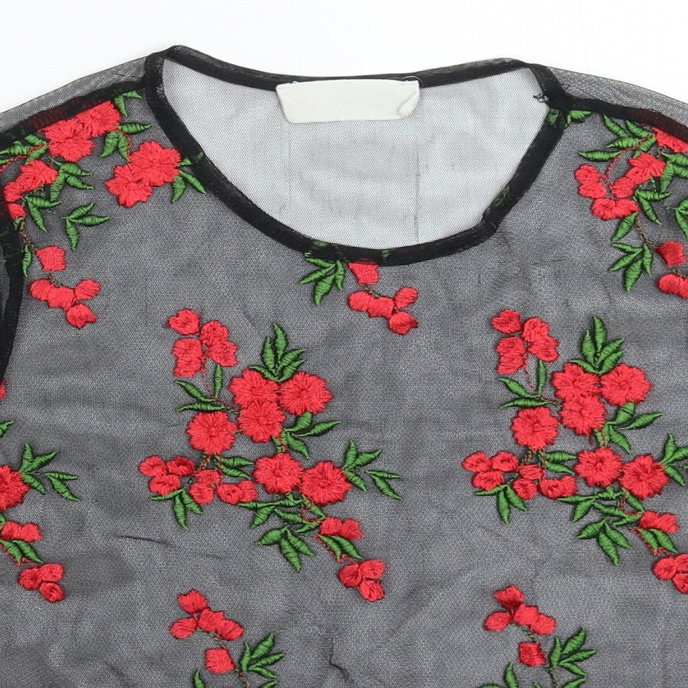 Preworn Womens Black Floral  Basic T-Shirt Size S
