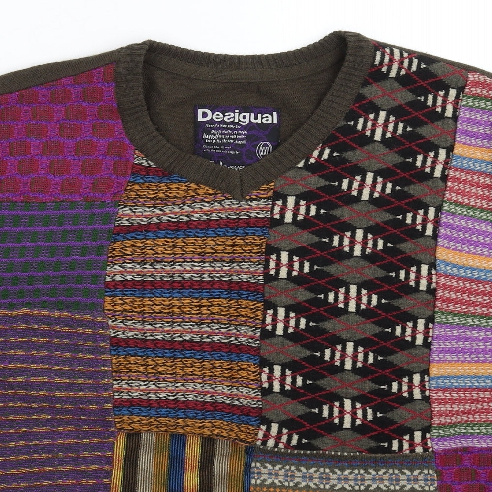 Desigual Mens Green Geometric Knit Pullover Jumper Size 2XL