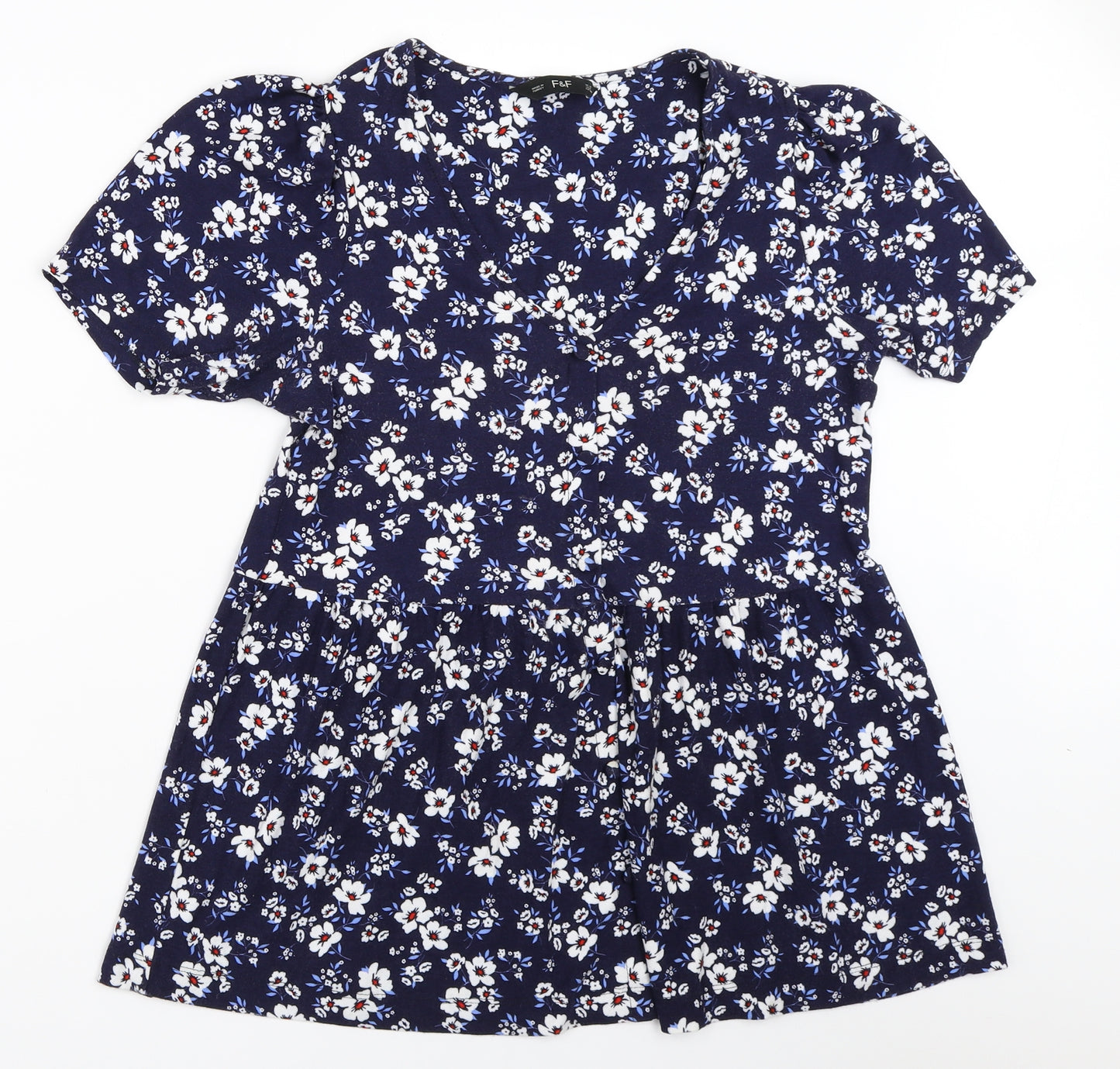 F&F Womens Blue Floral  Basic T-Shirt Size 10