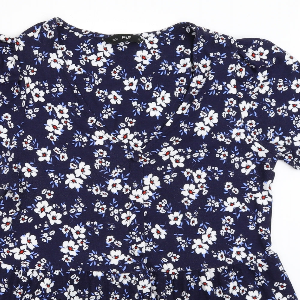 F&F Womens Blue Floral  Basic T-Shirt Size 10