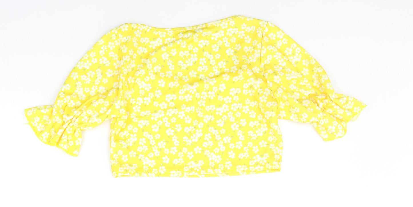 Boohoo Womens Yellow Floral  Basic T-Shirt Size 10
