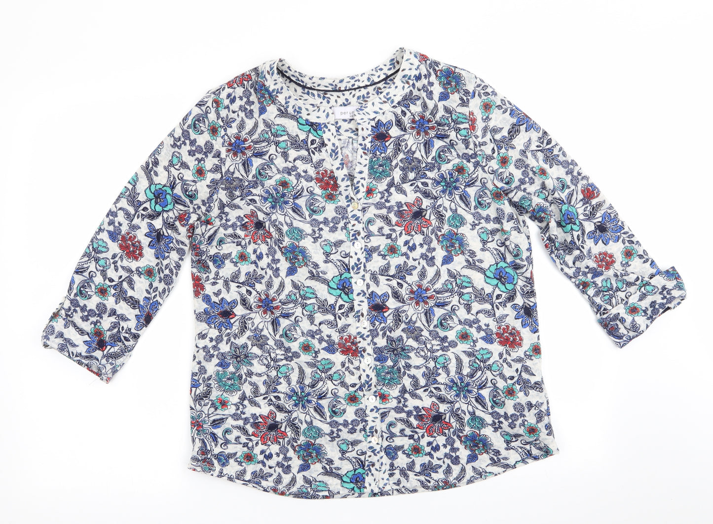 Per Una Womens White Floral  Basic Button-Up Size 14  - Blue Flowers