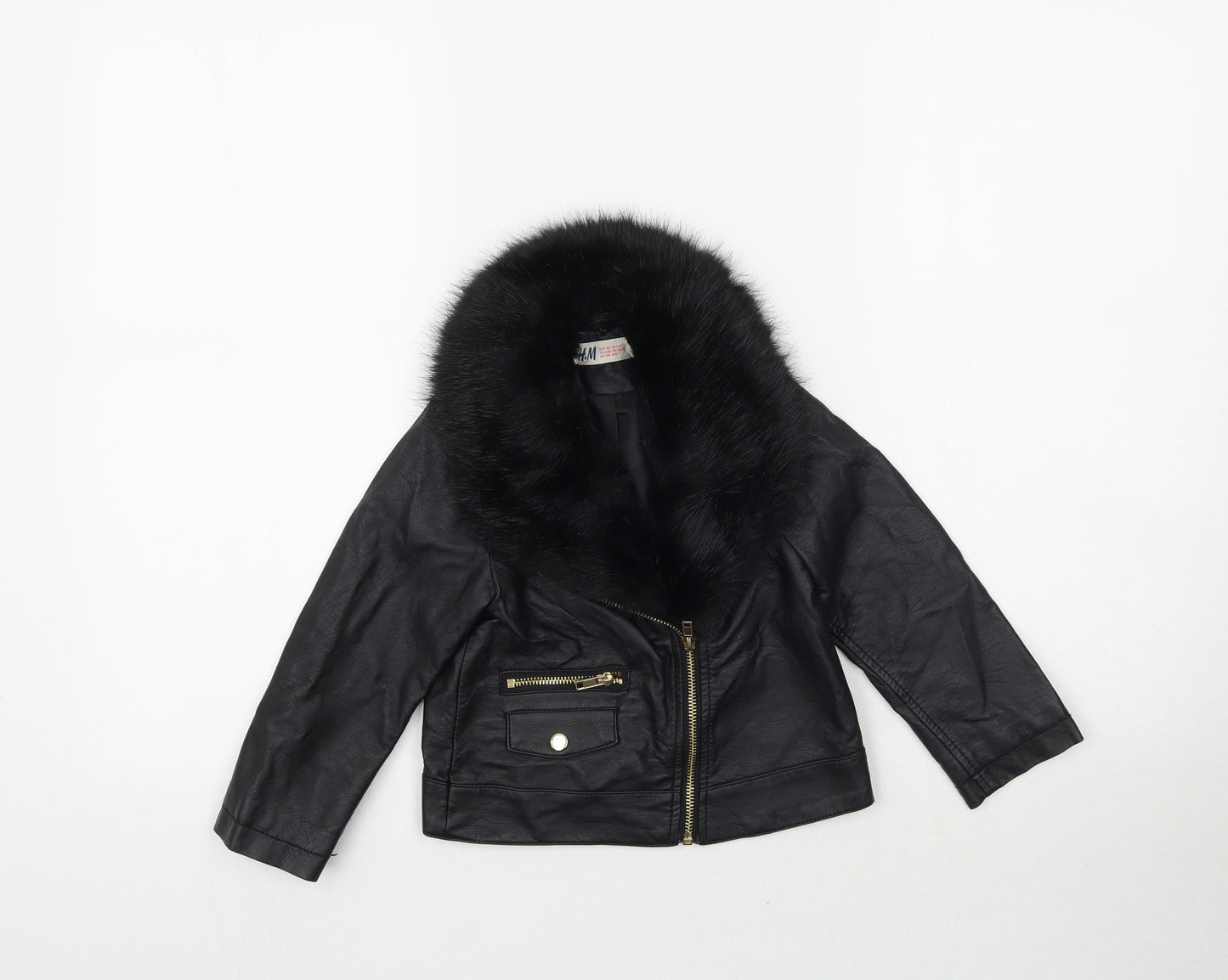 H&M Girls Black   Jacket  Size 3-4 Years  - Faux leather faux fur
