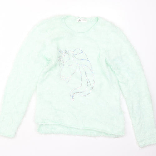 H&M Girls Green  Knit Pullover Jumper Size 11-12 Years  - Unicorn