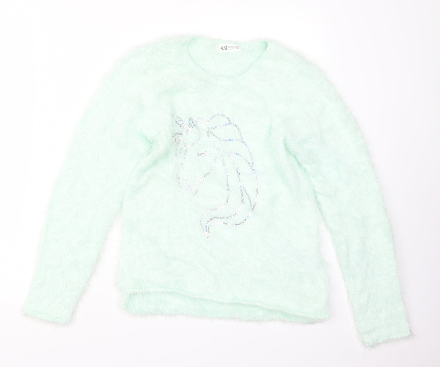 H&M Girls Green  Knit Pullover Jumper Size 11-12 Years  - Unicorn