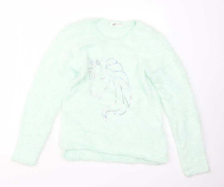 H&M Girls Green  Knit Pullover Jumper Size 11-12 Years  - Unicorn