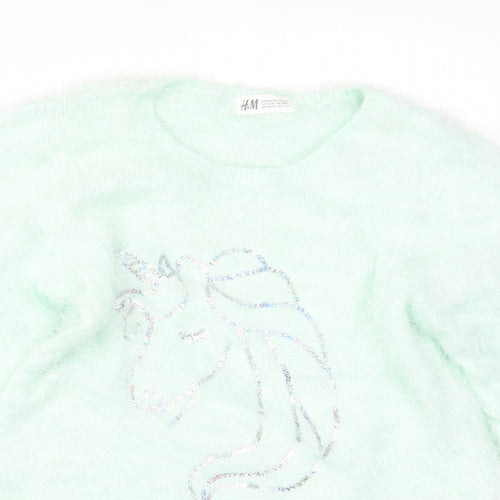 H&M Girls Green  Knit Pullover Jumper Size 11-12 Years  - Unicorn
