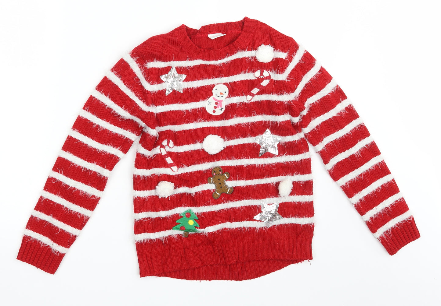 F&F Girls Red Striped Knit Pullover Jumper Size 9-10 Years  - Seasonal Christmas Festive Holiday