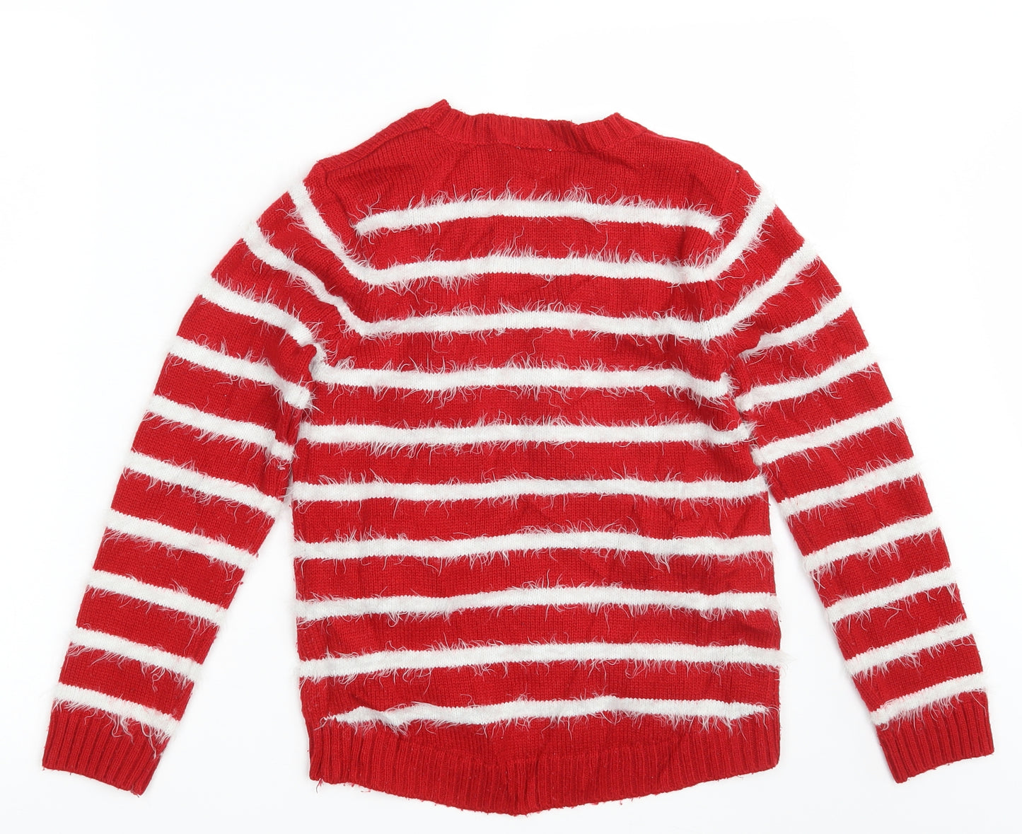 F&F Girls Red Striped Knit Pullover Jumper Size 9-10 Years  - Seasonal Christmas Festive Holiday
