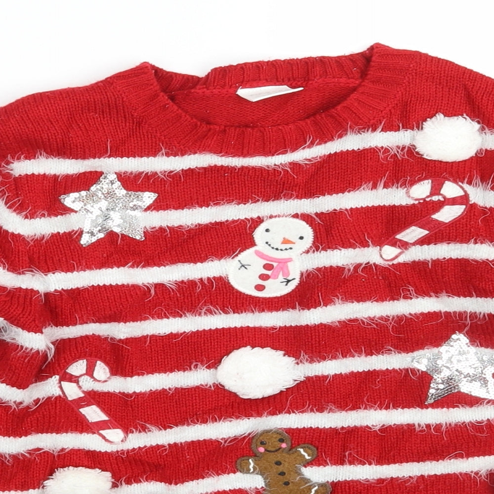 F&F Girls Red Striped Knit Pullover Jumper Size 9-10 Years  - Seasonal Christmas Festive Holiday