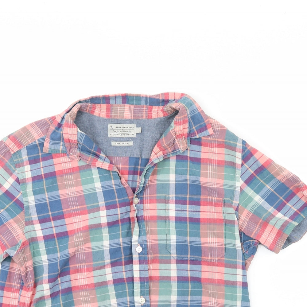 TU Mens Blue Check   Dress Shirt Size L
