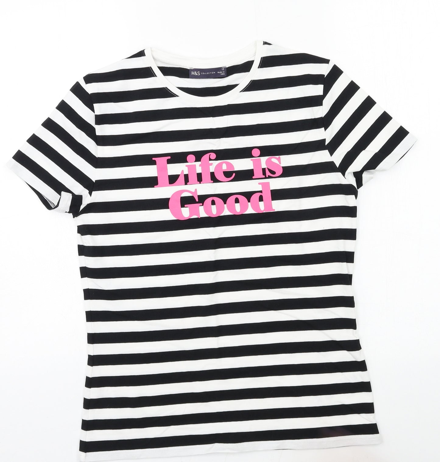 Marks and Spencer Womens Black Geometric Jersey Basic T-Shirt Size 12  - life is good