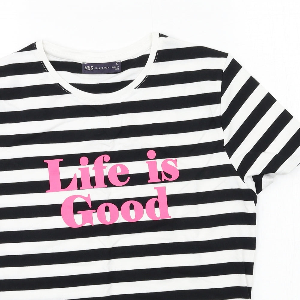 Marks and Spencer Womens Black Geometric Jersey Basic T-Shirt Size 12  - life is good