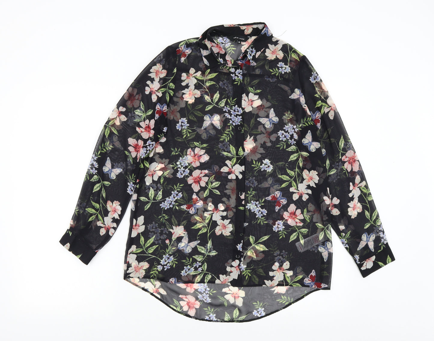 New Look Womens Black Floral Chiffon Basic Button-Up Size 10