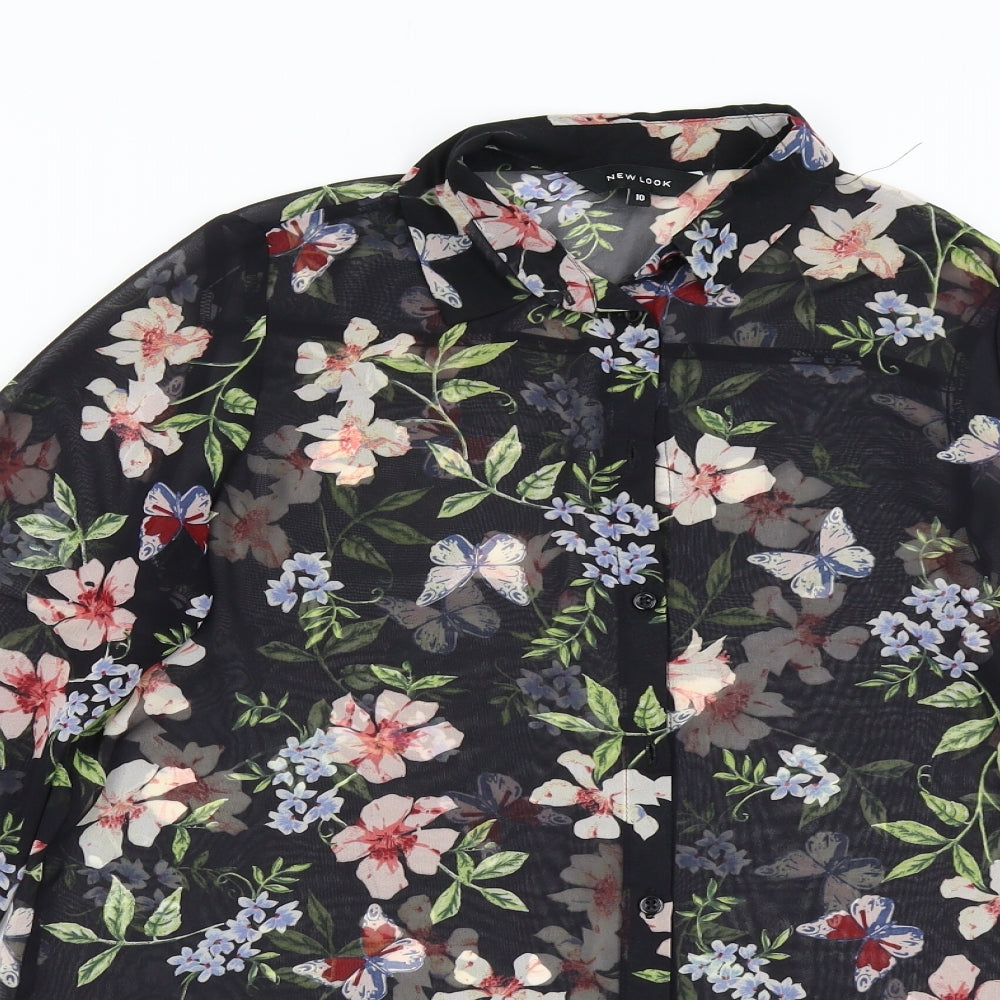 New Look Womens Black Floral Chiffon Basic Button-Up Size 10