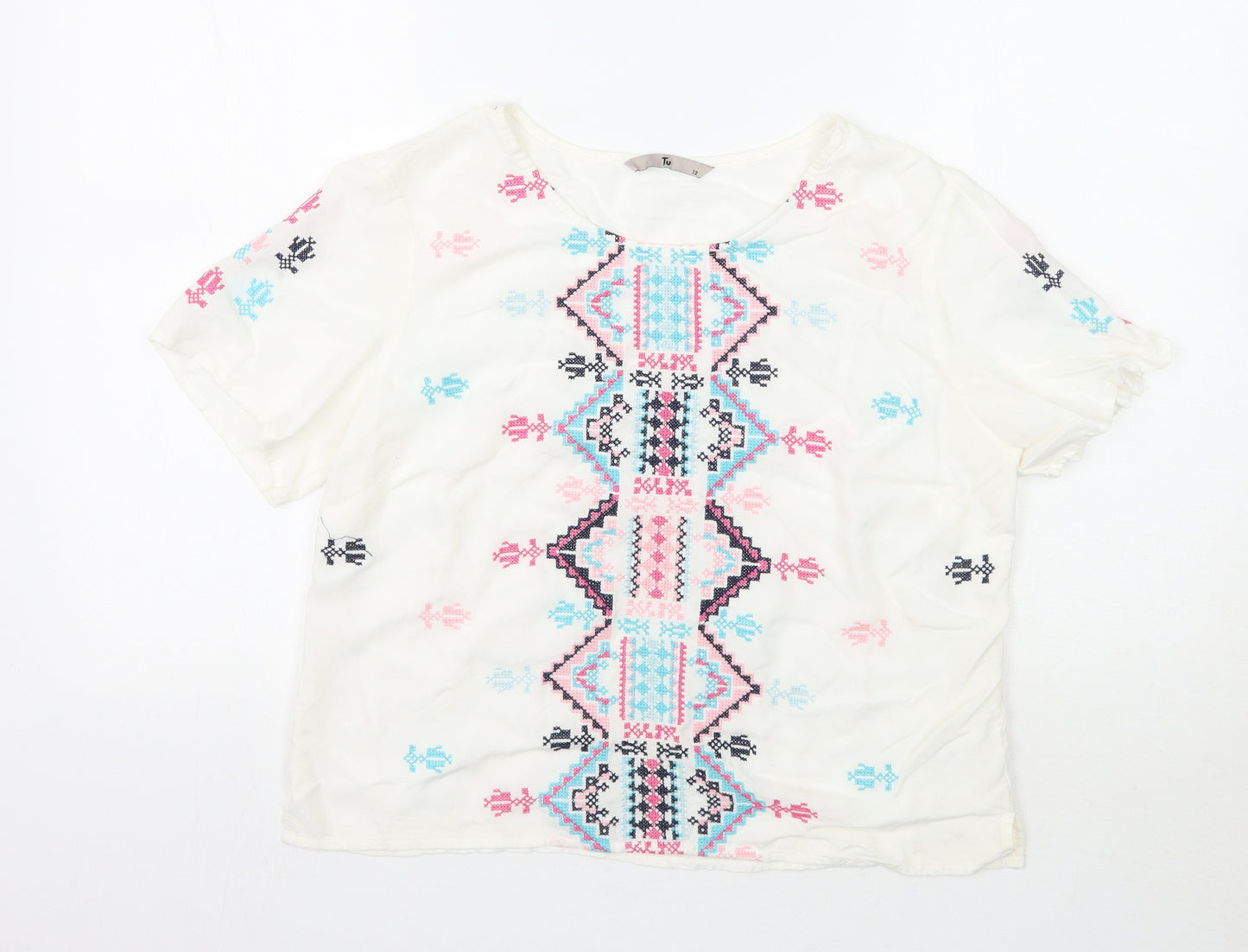 TU Womens White Geometric  Basic T-Shirt Size 12