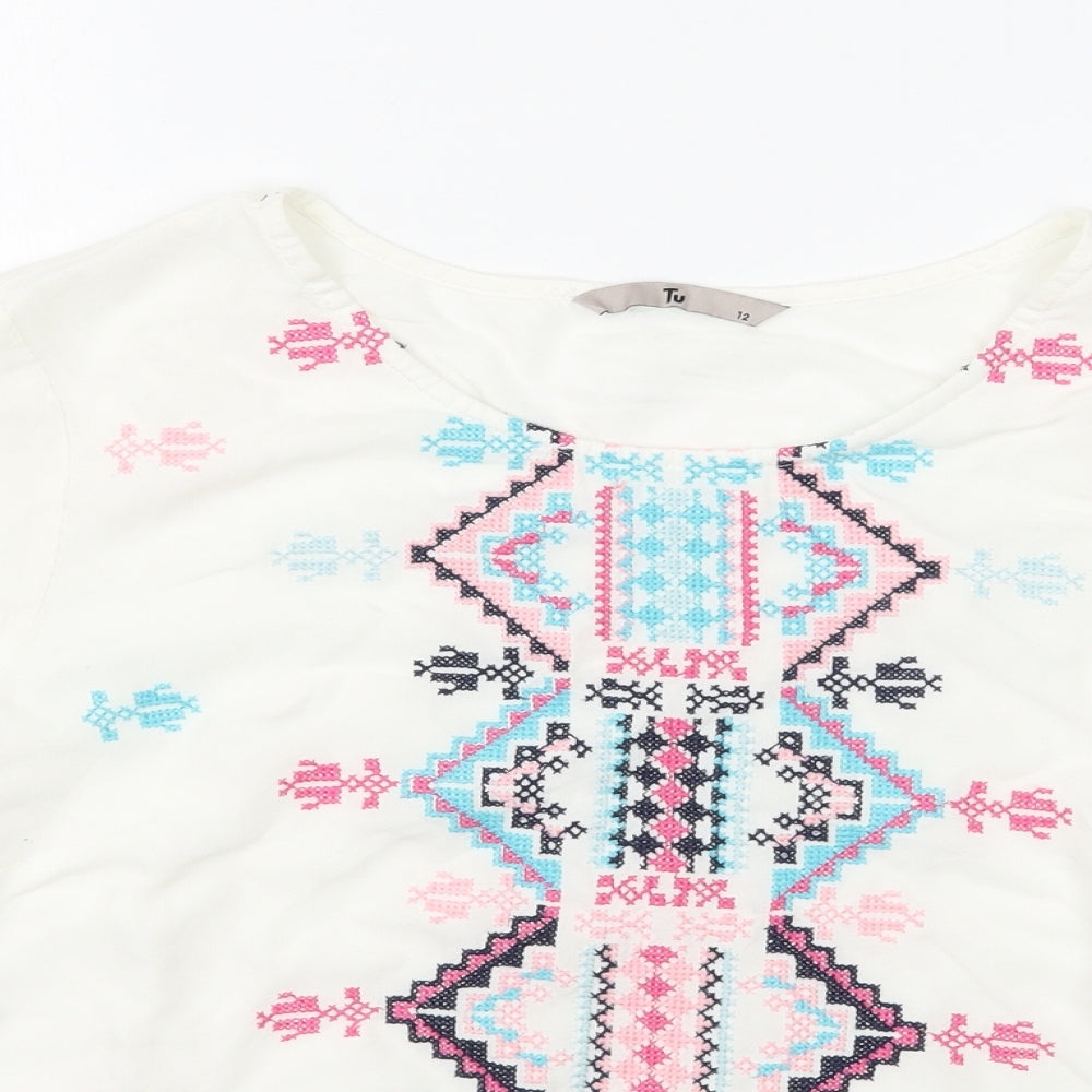 TU Womens White Geometric  Basic T-Shirt Size 12