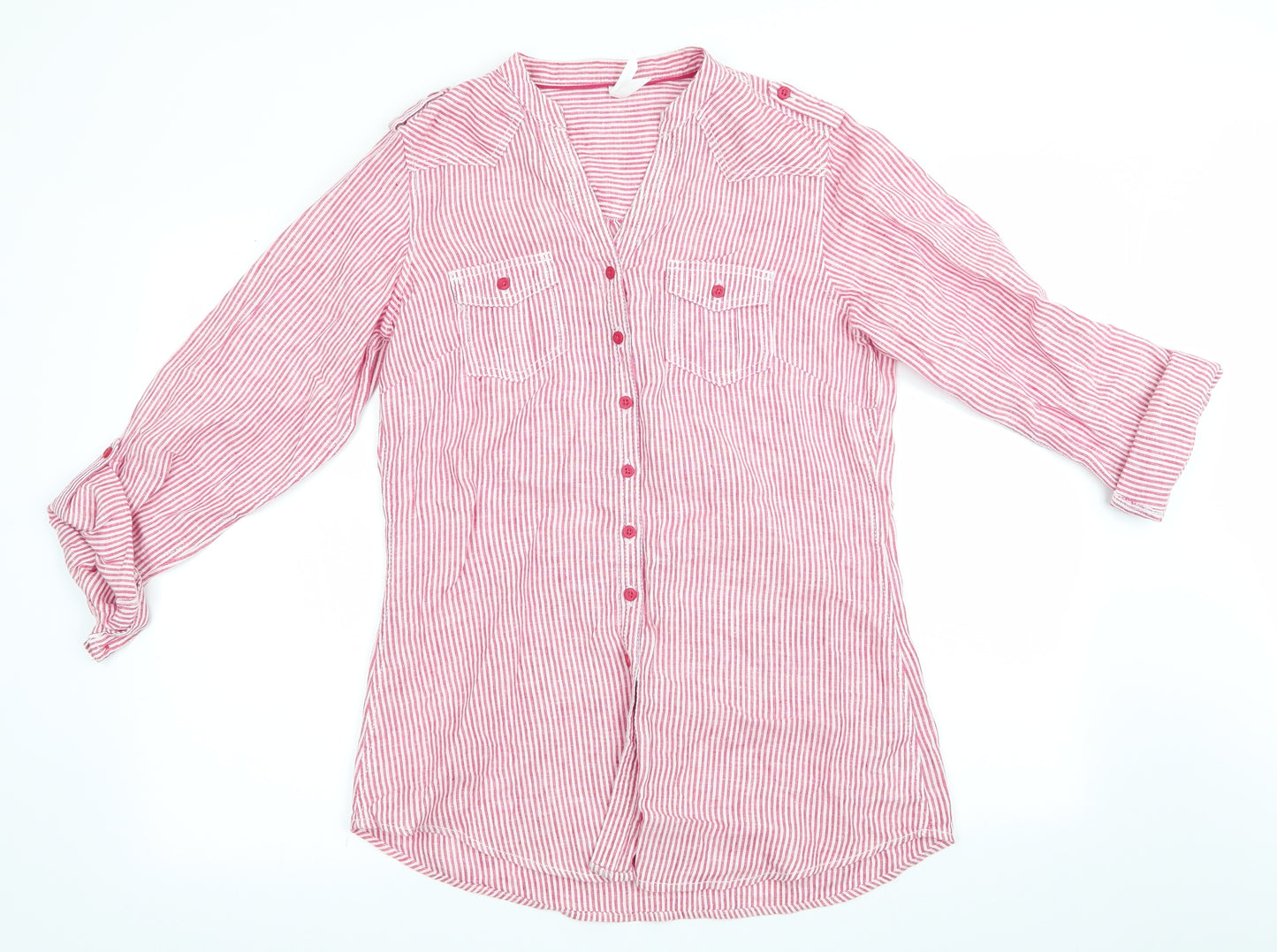 Marks and Spencer Womens Red Striped  Basic Button-Up Size 12  - Longline Linen Shirt Mandarin Collar