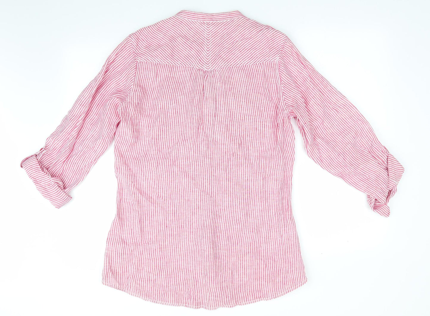 Marks and Spencer Womens Red Striped  Basic Button-Up Size 12  - Longline Linen Shirt Mandarin Collar
