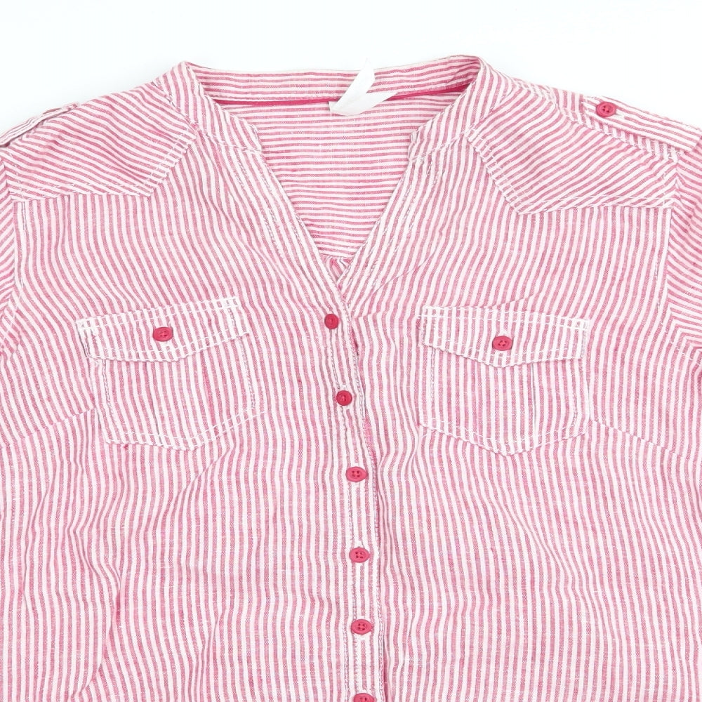Marks and Spencer Womens Red Striped  Basic Button-Up Size 12  - Longline Linen Shirt Mandarin Collar