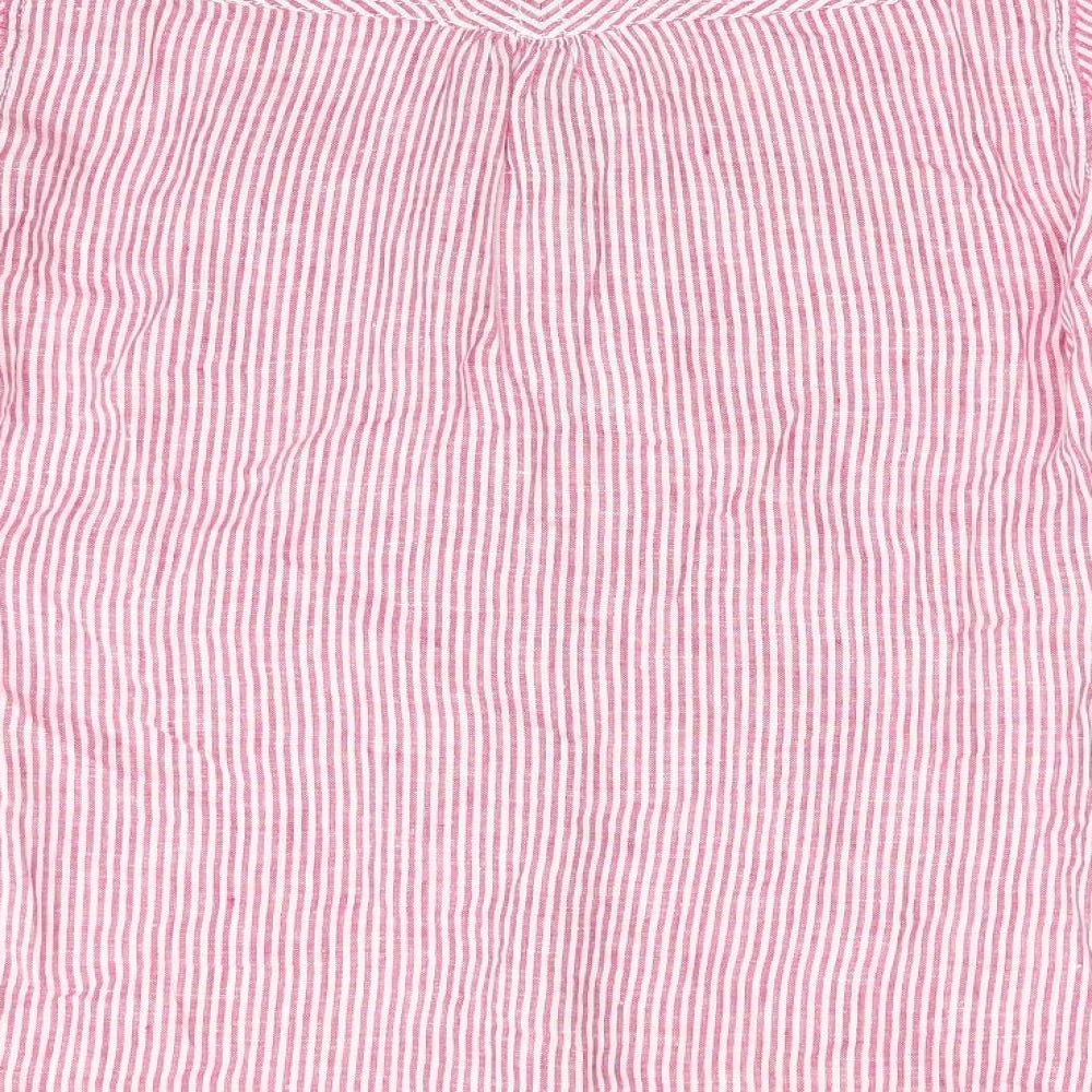 Marks and Spencer Womens Red Striped  Basic Button-Up Size 12  - Longline Linen Shirt Mandarin Collar
