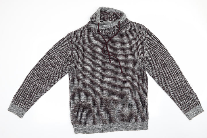 Brave Soul Mens Brown Houndstooth Pullover Jumper - High Cowl Type Neck with drawstring