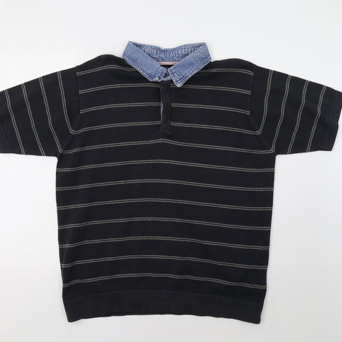 M&S Mens Black Striped   Polo Size L
