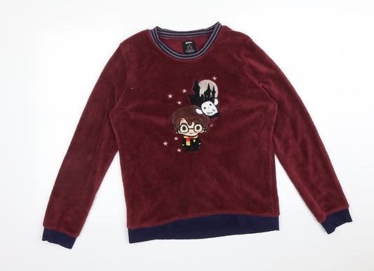Front view of Primark women’s red pullover sweatshirt, size S, - harry potter