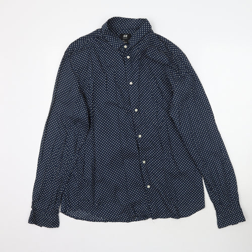 H&M Mens Blue Polka Dot   Button-Up Size L