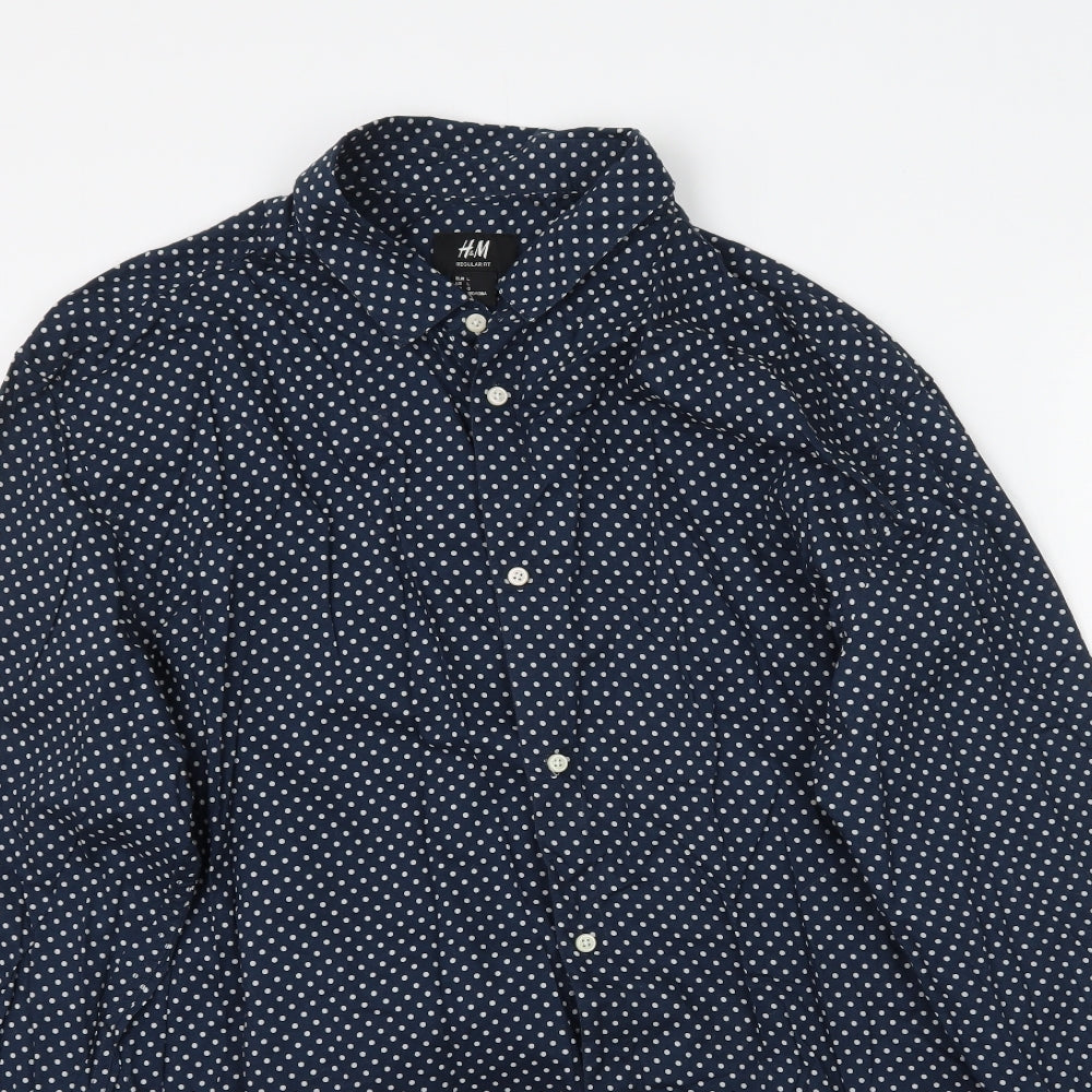 H&M Mens Blue Polka Dot   Button-Up Size L