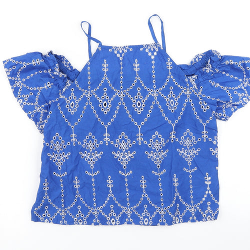 915 Generation Girls Blue Floral  Basic Blouse Size 12 Years  - Cold Shoulder