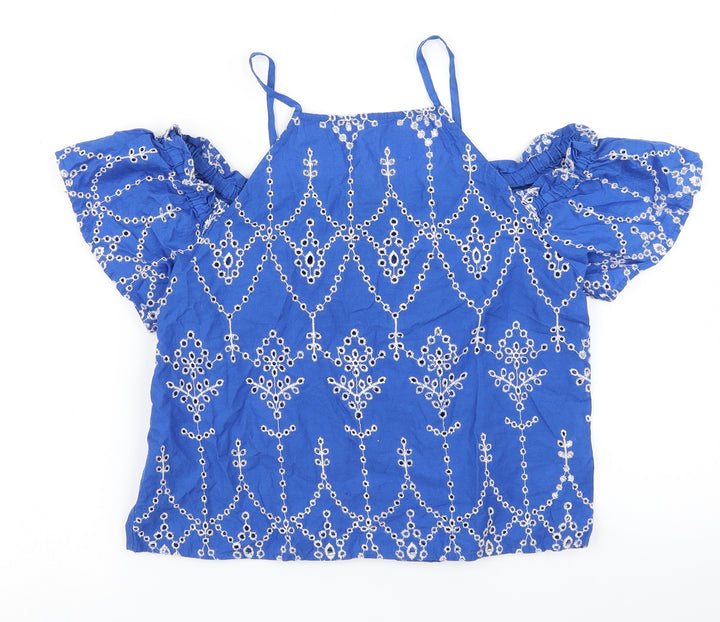 915 Generation Girls Blue Floral  Basic Blouse Size 12 Years  - Cold Shoulder