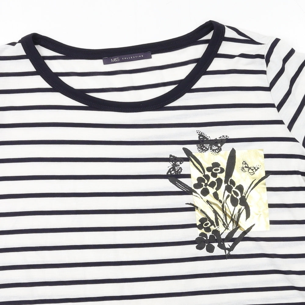 Marks and Spencer Womens White Striped Jersey Basic T-Shirt Size 16