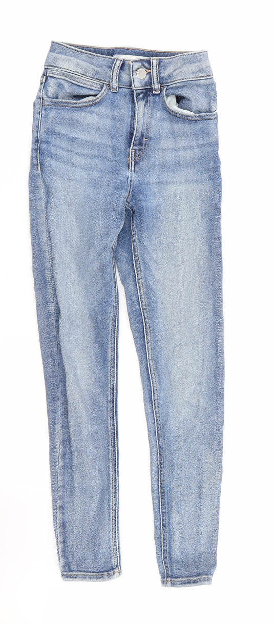 Front view of Topshop women’s blue skinny jeans, size UK 24, in, 32-inch leg