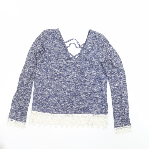 Preworn Womens Blue  Knit Pullover Jumper Size 8  - crochet hem