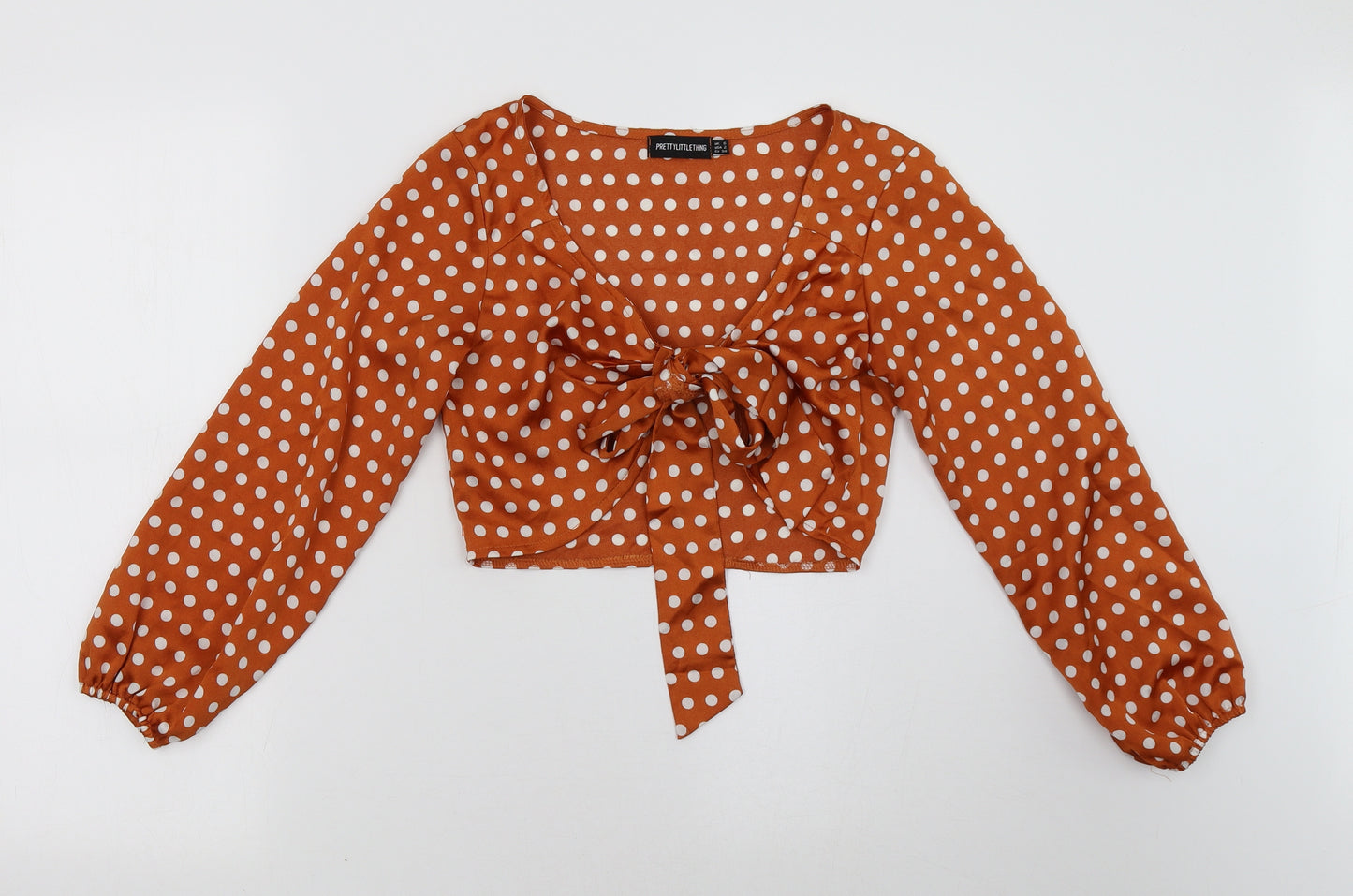 PRETTYLITTLETHING Womens Brown Polka Dot  Cropped Blouse Size 6
