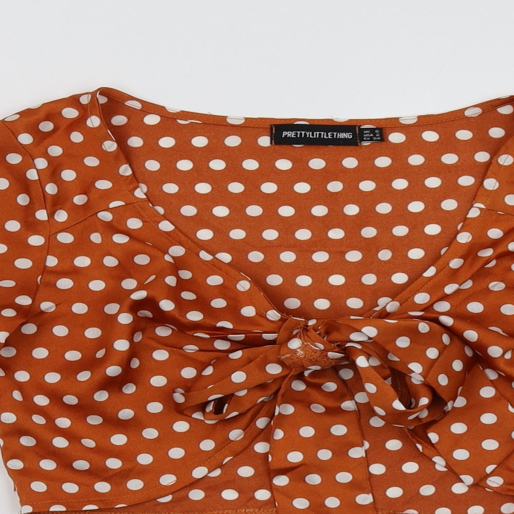 PRETTYLITTLETHING Womens Brown Polka Dot  Cropped Blouse Size 6