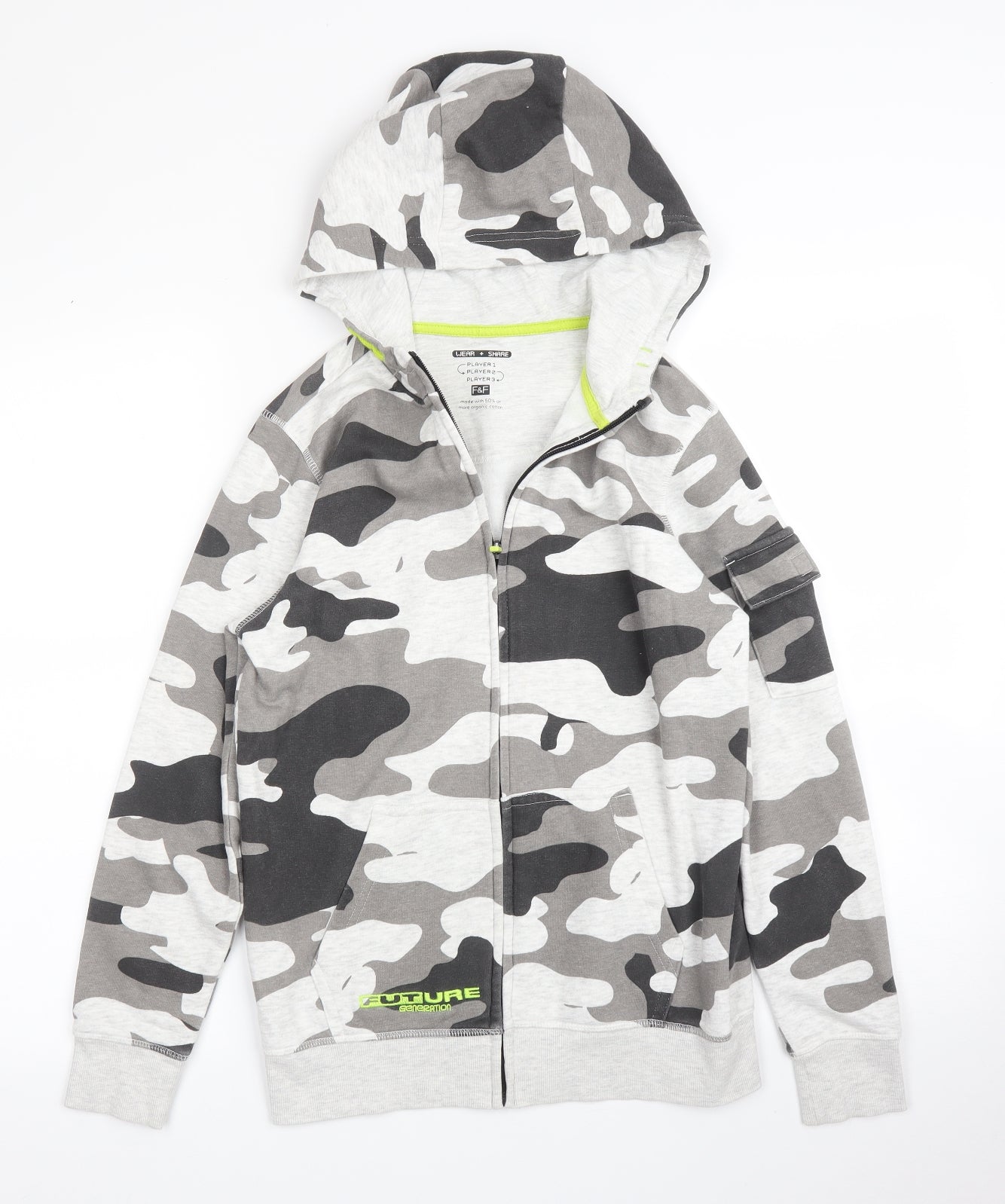 F&F Boys Grey Camouflage  Full Zip Hoodie Size 11 Years