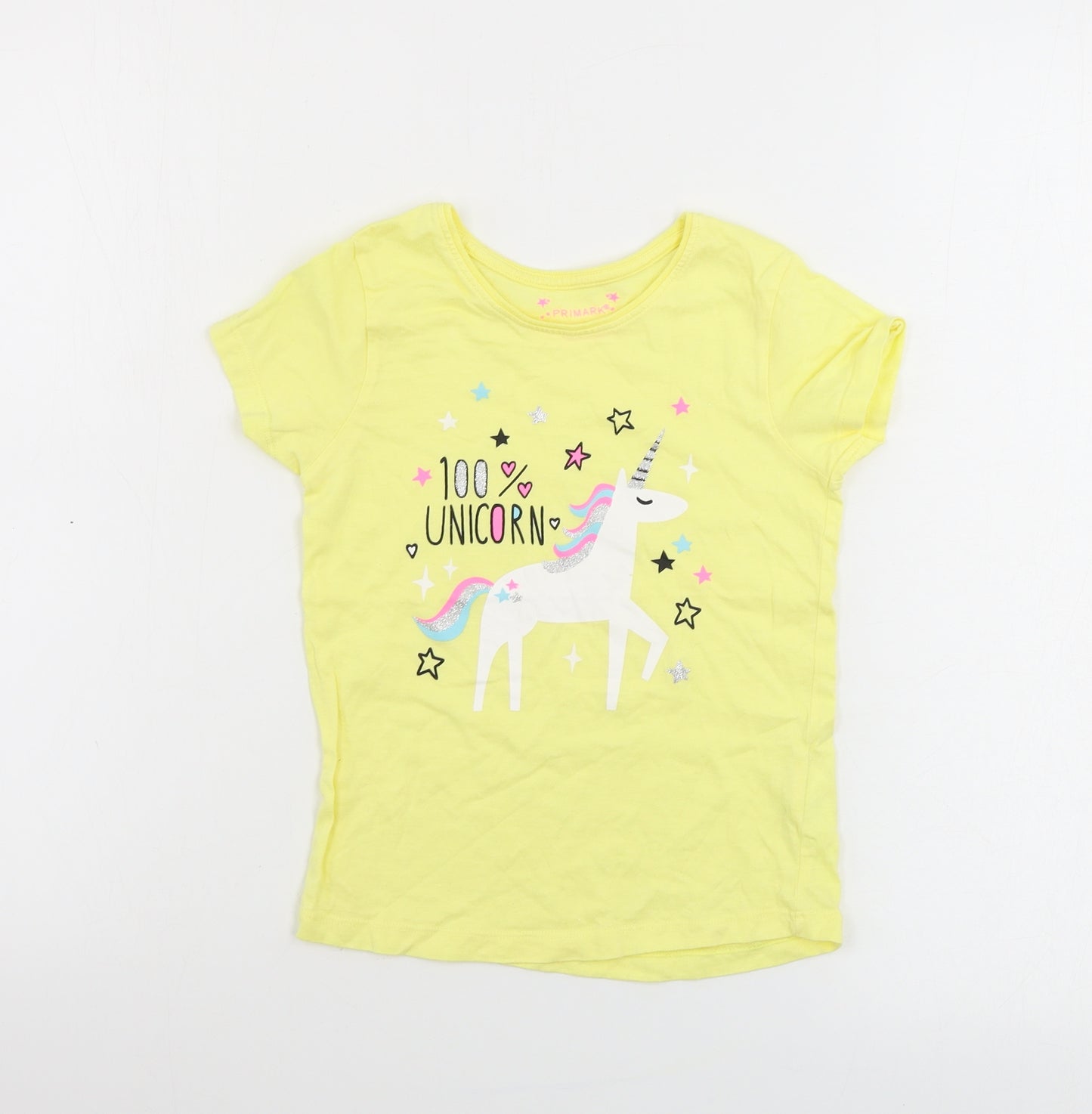 Primark  Girls Yellow   Basic T-Shirt Size 4-5 Years  - unicorn print