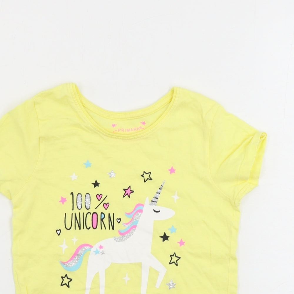 Primark  Girls Yellow   Basic T-Shirt Size 4-5 Years  - unicorn print