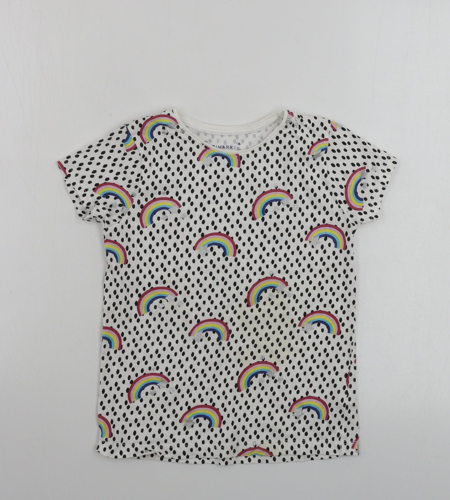 Primark  Girls White Polka Dot  Basic T-Shirt Size 7-8 Years  - rainbow pattern
