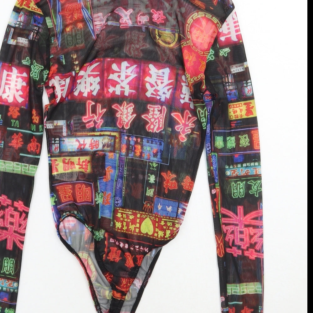 PRETTYLITTLETHING Womens Black Geometric  Bodysuit One-Piece Size 6
