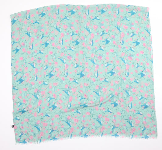 Front view of Preworn women’s green animal print shawl/wrap - blue birds pink flowers