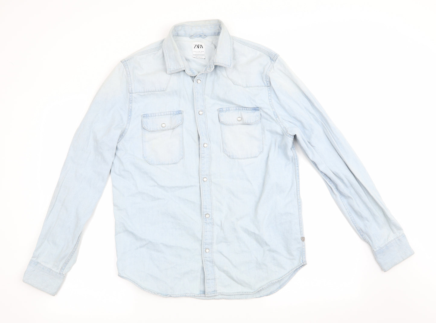Zara Womens Blue  Denim Basic Button-Up Size 10  - Pearl Like Buttons