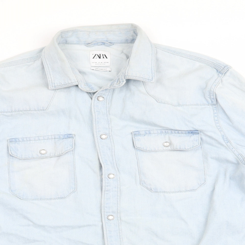 Zara Womens Blue  Denim Basic Button-Up Size 10  - Pearl Like Buttons