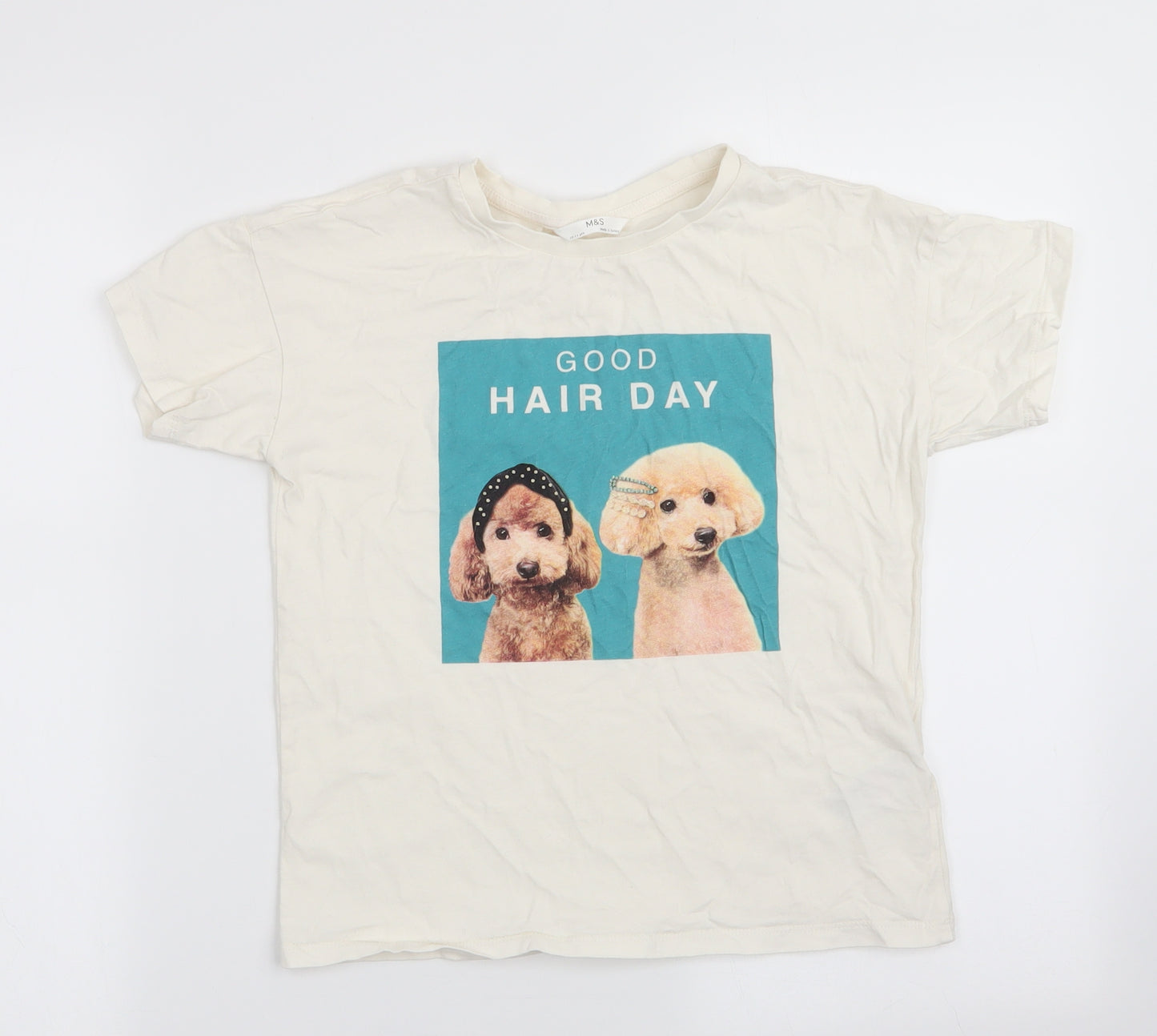 Marks and Spencer Girls Ivory Animal Print  Basic T-Shirt Size 10-11 Years  - Dogs - Good hair day