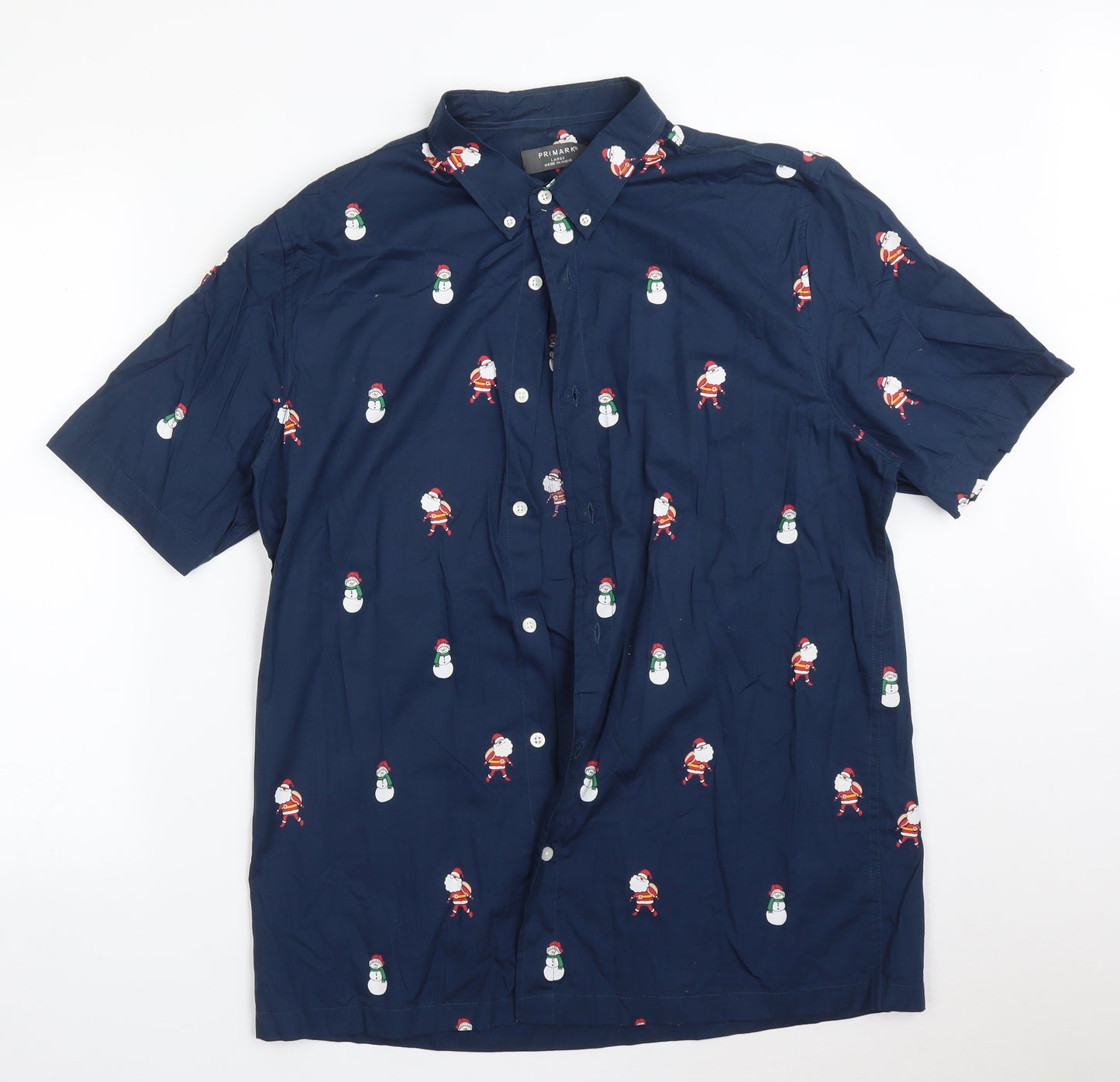 Primark Mens Blue    Button-Up Size L  - CHRISTMAS SNOWMEN