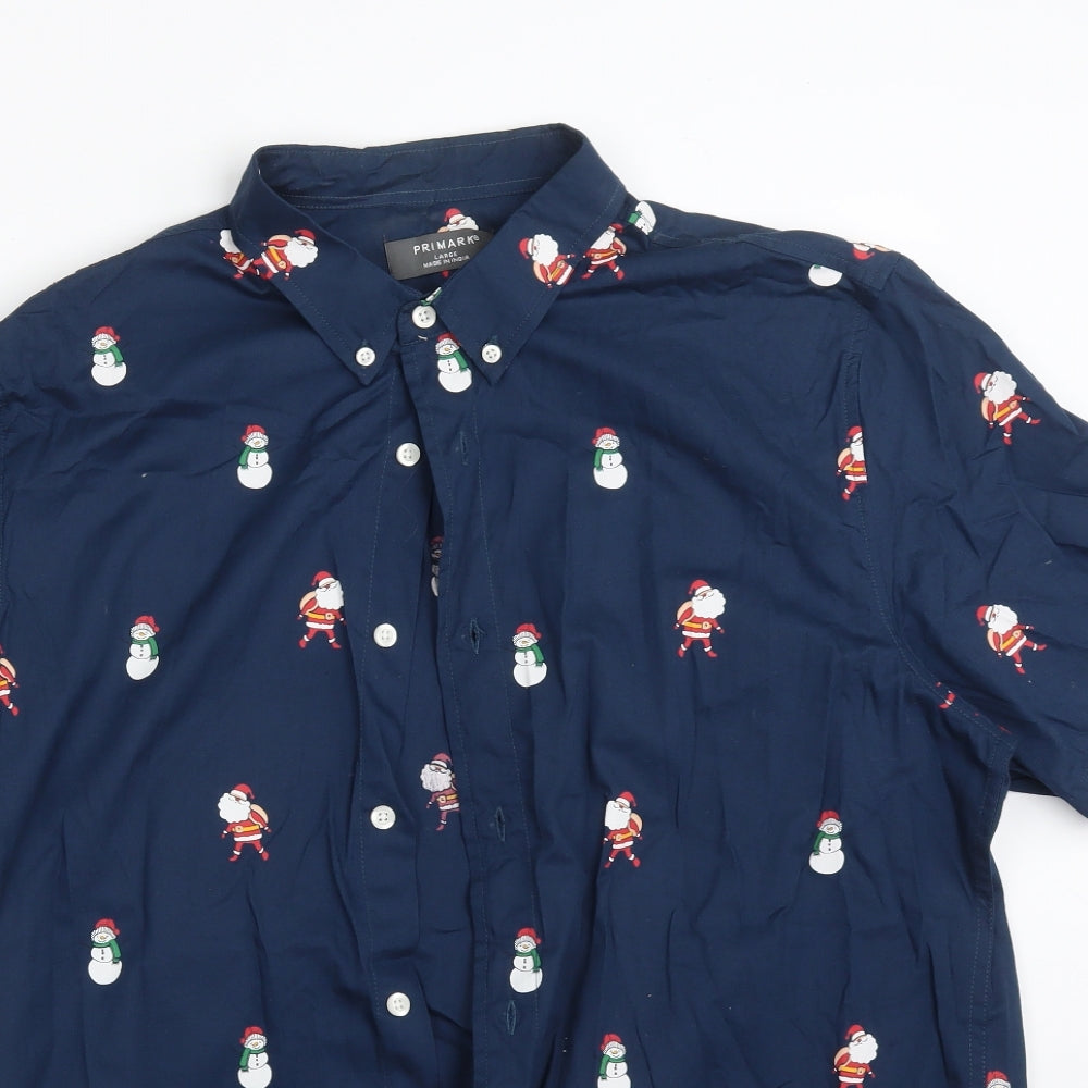 Primark Mens Blue    Button-Up Size L  - CHRISTMAS SNOWMEN